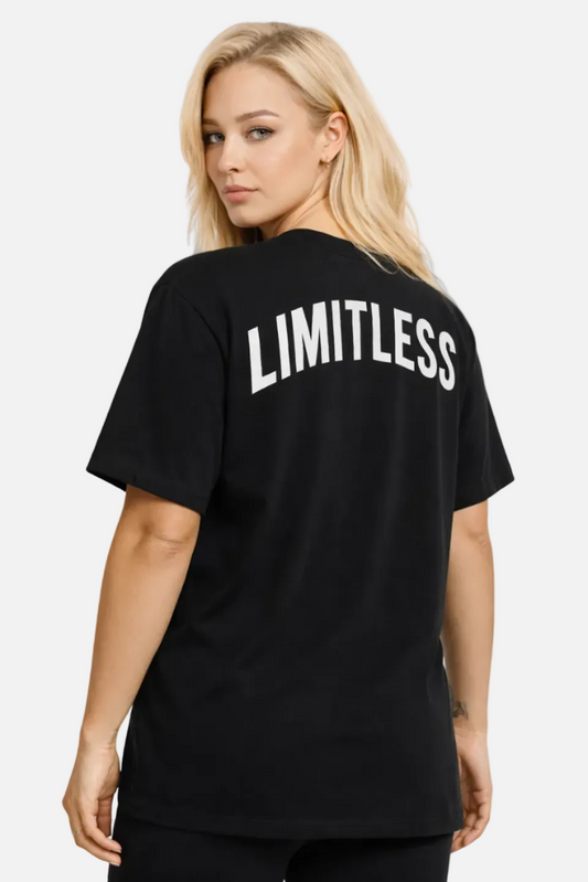 Person wearing a black t-shirt with 'LIMITLESS' printed on the back against a white background