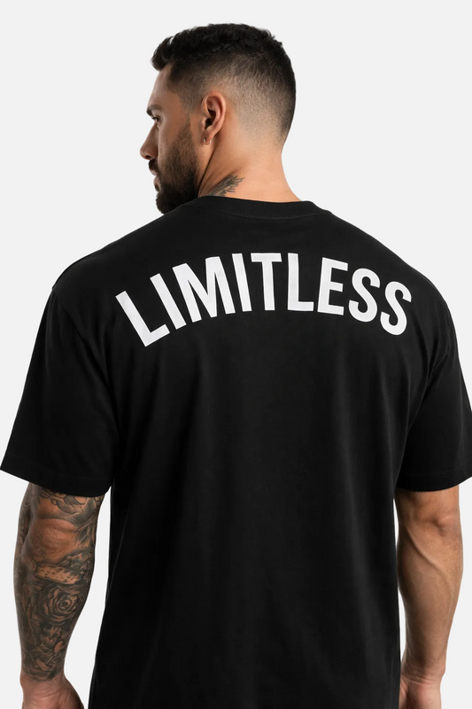 Man wearing a black t-shirt with 'LIMITLESS' GAINS Logo printed on the back against a white background
