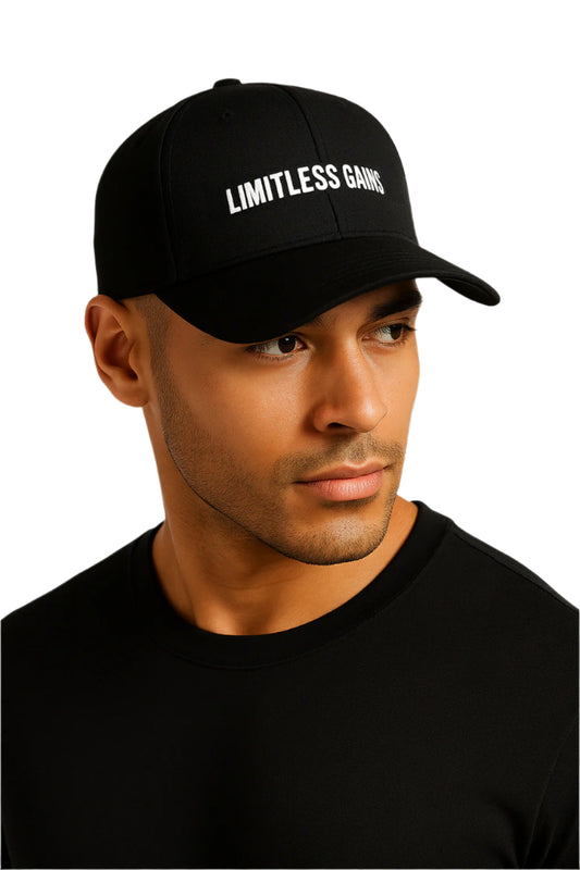 Man wearing a black cap with 'Limitless Games' text on a white background
