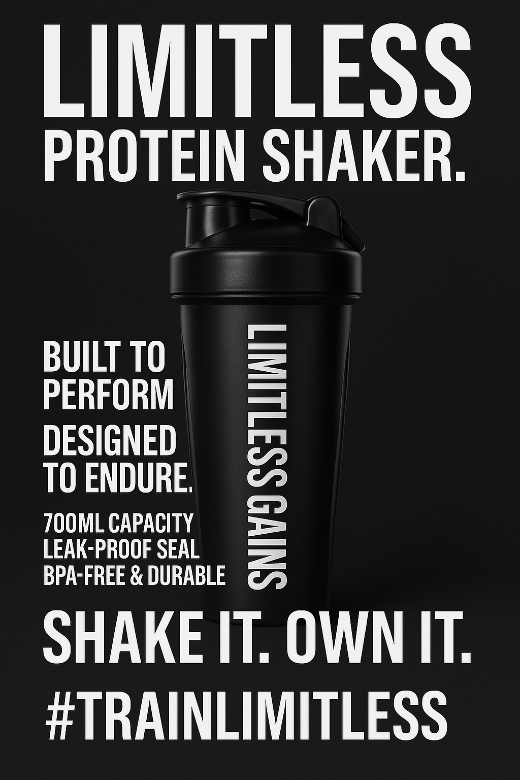 Black protein shaker with 'Limitless Protein Shaker' text on a black background