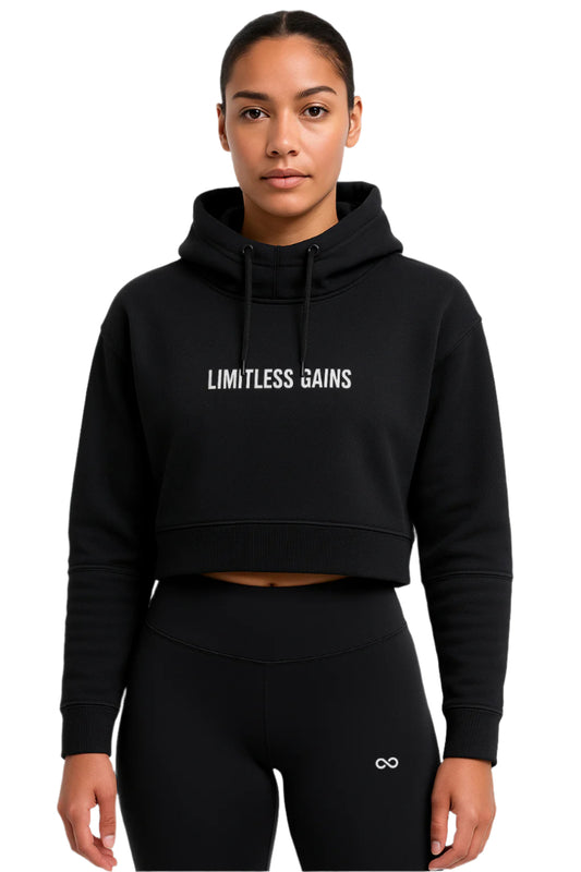 Person wearing a black hoodie with 'Limitless Gains' text on a white background