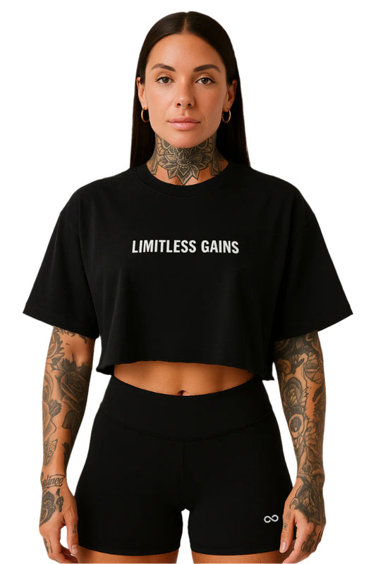 Person wearing a black 'Limitless Gains' t-shirt and black shorts on a white background