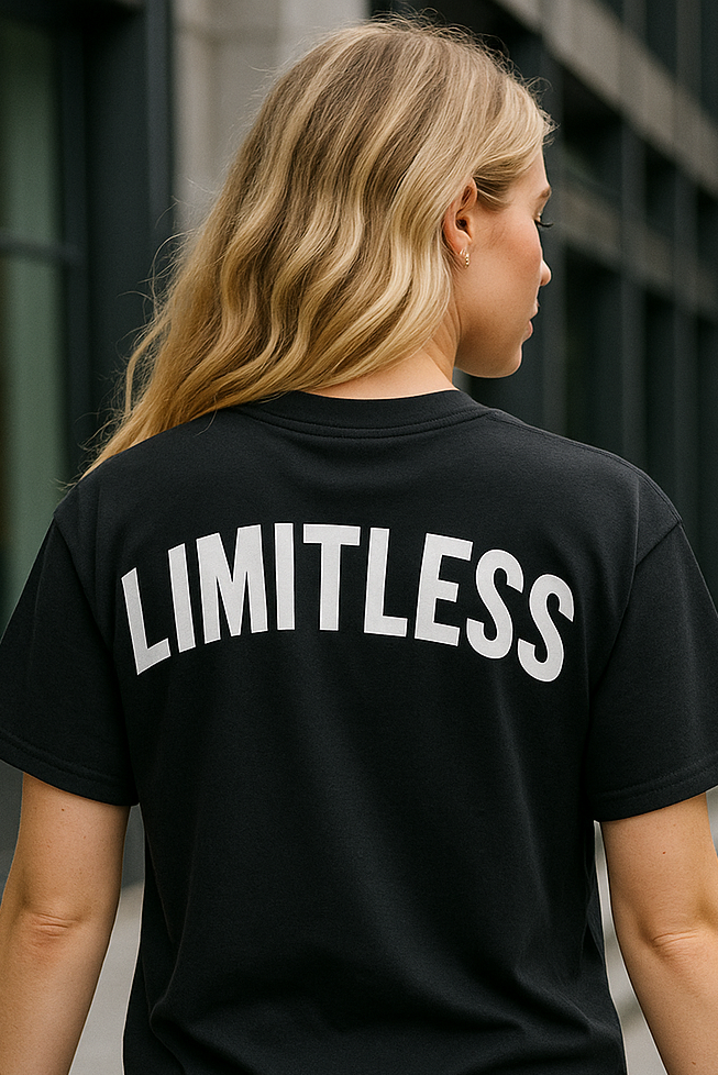Person wearing a black t-shirt with 'LIMITLESS' printed on the back, walking on a city street.