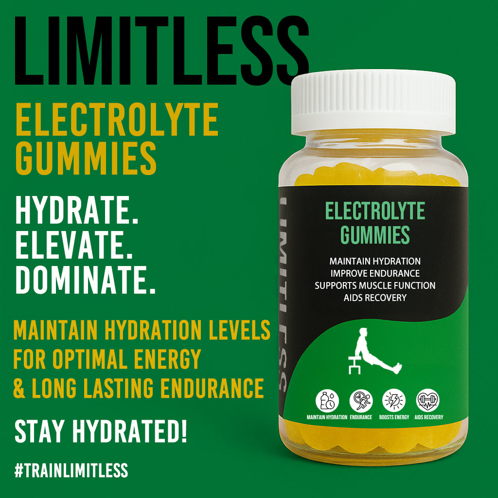 Bottle of electrolyte gummies with promotional text on a green background