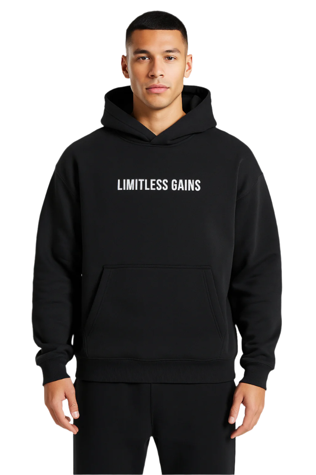 Person wearing a black hoodie with 'LIMITLESS GAINS' text on a white background