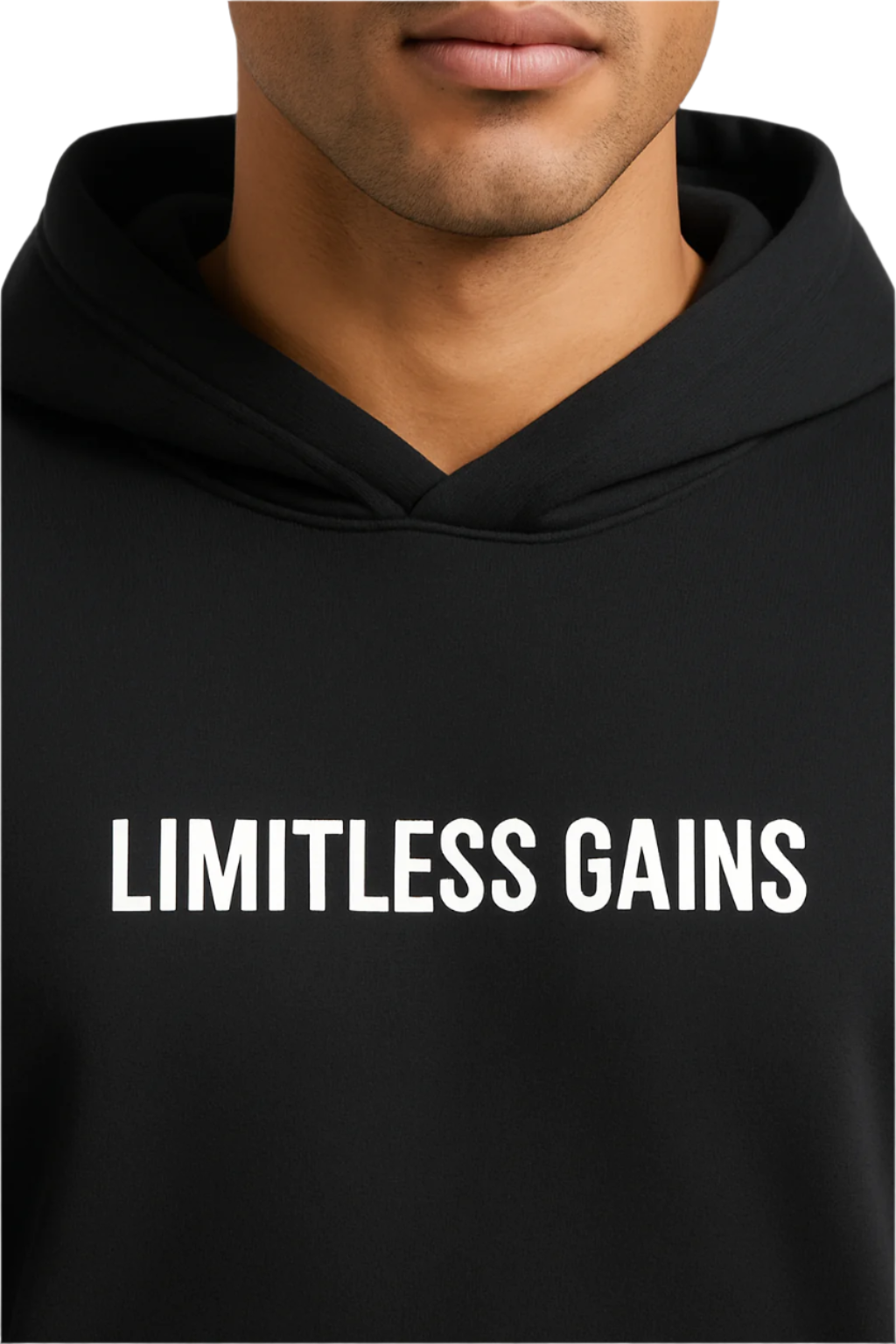 Black hoodie with 'LIMITLESS GAINS' text on a plain background