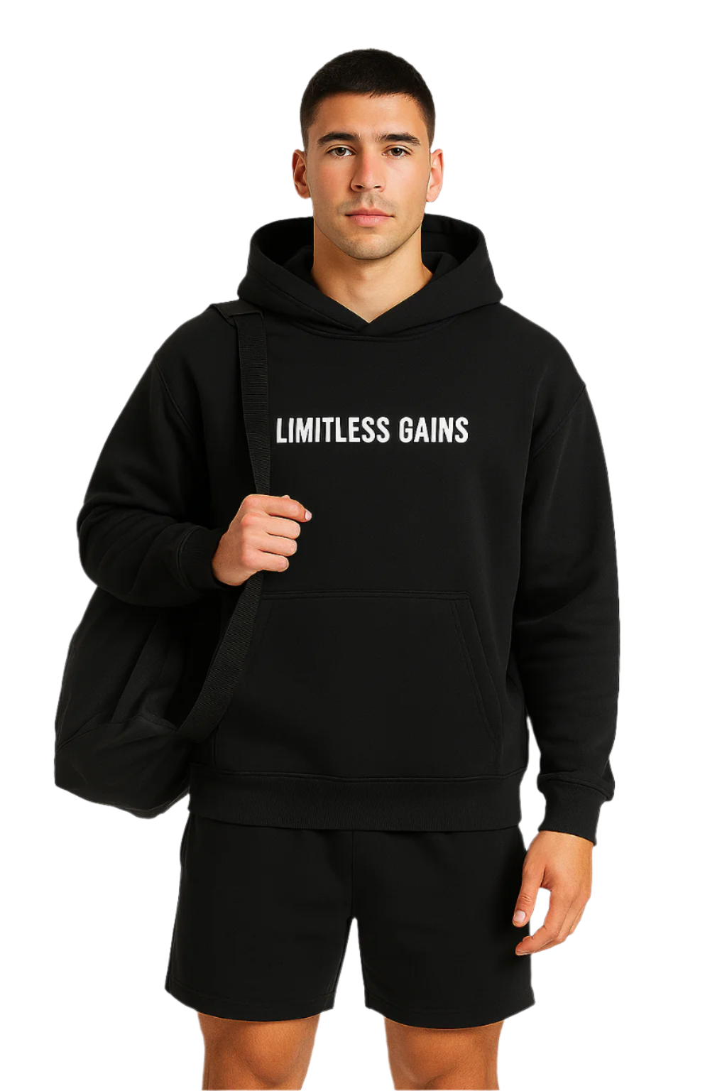 Person wearing a black hoodie with 'Limitless Gains' text on a white background