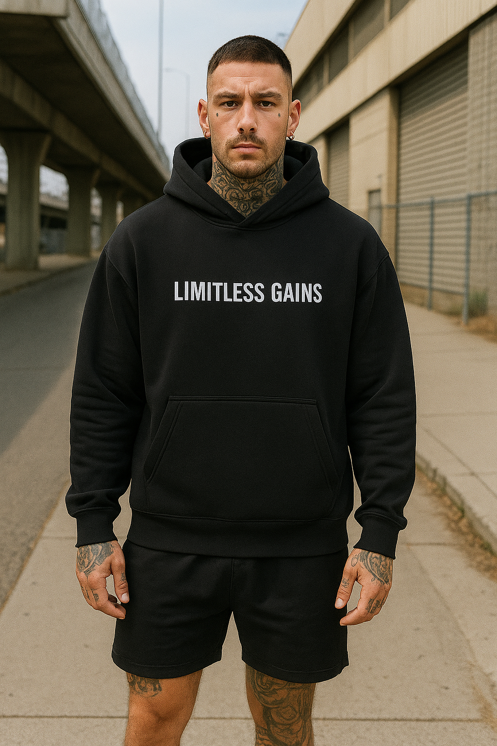 Man wearing a black 'Limitless Gains' hoodie standing on a sidewalk.
