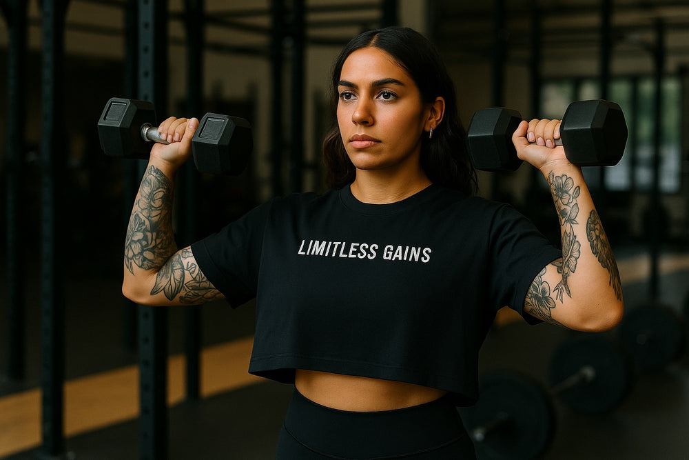 Woman lifting dumbbells wearing a black 'Limitless Gains' shirt in a gym setting