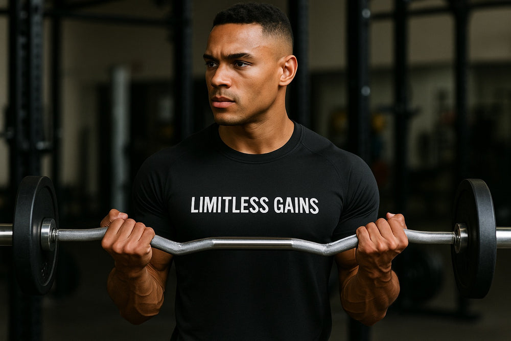 Man lifting a barbell wearing a black t-shirt with 'Limitless Gains' text in a gym setting.