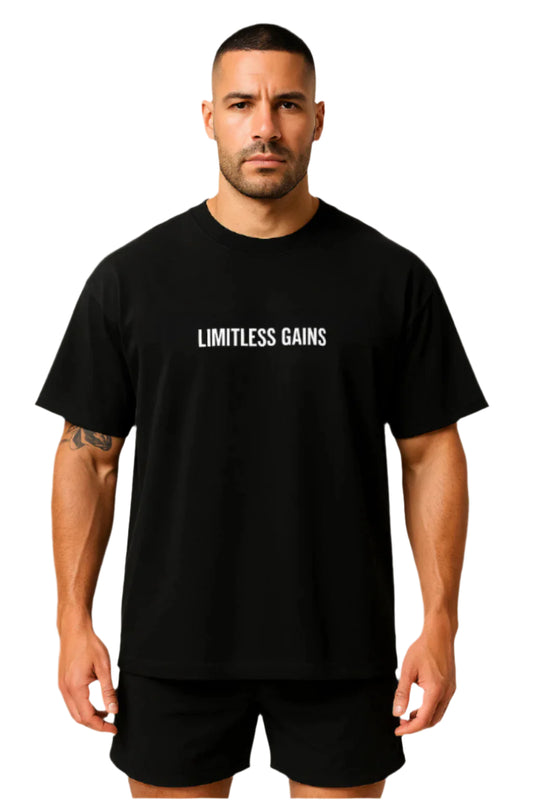 Man wearing a black t-shirt with 'LIMITLESS GAINS' text on a white background