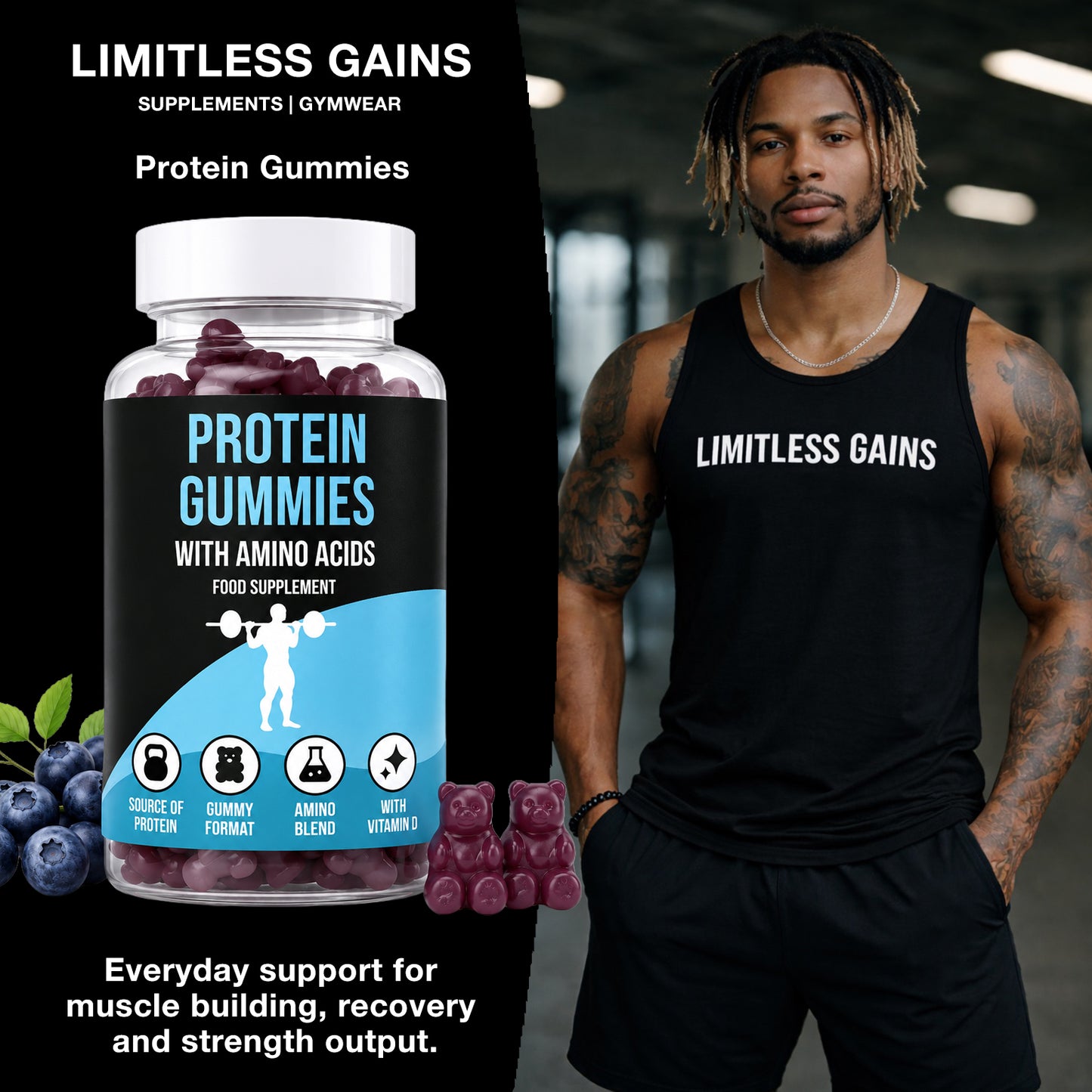 LIMITLESS GAINS Protein gummies with amino acids packaging and a person wearing a 'Limitless Gains' tank top.