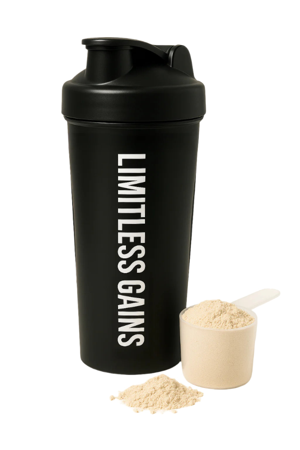 Black shaker bottle with 'Limitless Gains' text, next to a scoop of protein powder on a white background