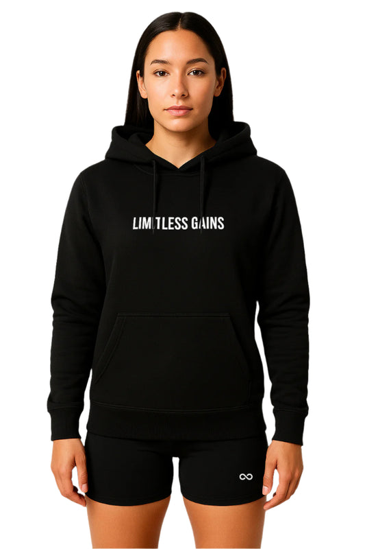 Person wearing a black hoodie with 'LIMITLESS GAINS' text on a white background