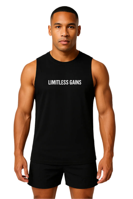 Man wearing a black tank top with 'LIMITLESS GAINS' text on a white background