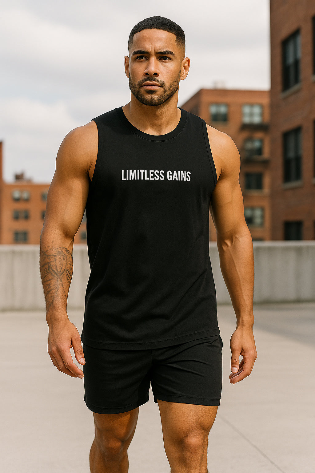 Man wearing a black tank top with 'Limitless Gains' text outdoors.