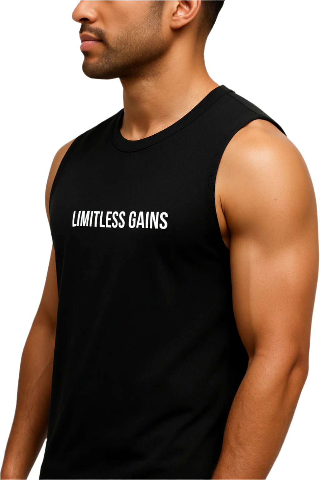 Black sleeveless shirt with 'LIMITLESS GAINS' text on a white background