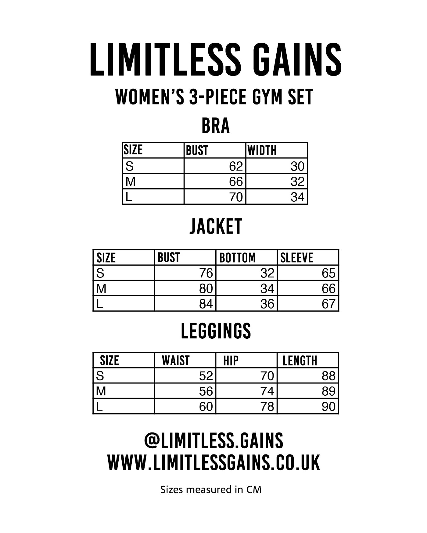 Size chart for women's 3-piece gym set with bra, jacket, and leggings.