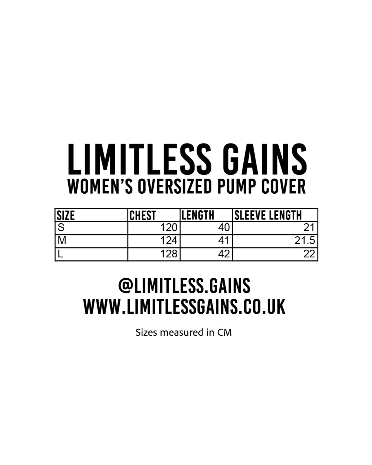 Size chart for women's oversized pump cover with contact information.