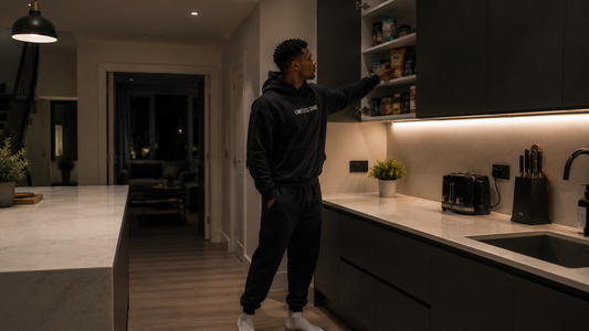 Young man wearing a black LIMITLESS GAINS oversized hoodie reaching into a kitchen cupboard for a snack in the evening.