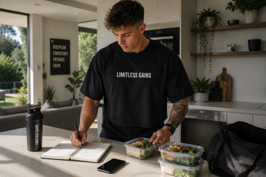 Man preparing week schedule and meals wearing LIMITLESS GAINS t-shirt
