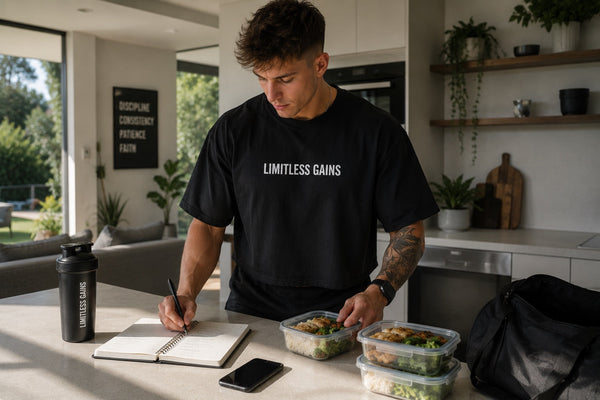 Man preparing week schedule and meals wearing LIMITLESS GAINS t-shirt