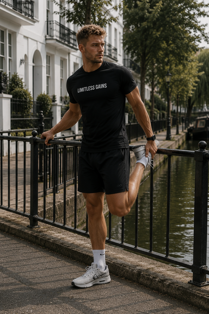 A man in a black t-shirt and black shorts stretches his leg on a canal-side bridge, with white sneakers and white socks. The t-shirt features the text 'LIMITLESS GAINS' in white.