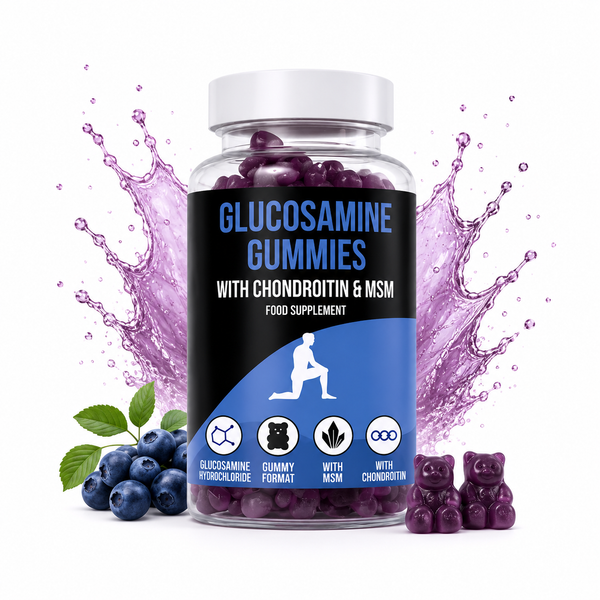 Bottle of LIMITLESS GAINS  glucosamine gummies with blueberries and gummy bears on a white background