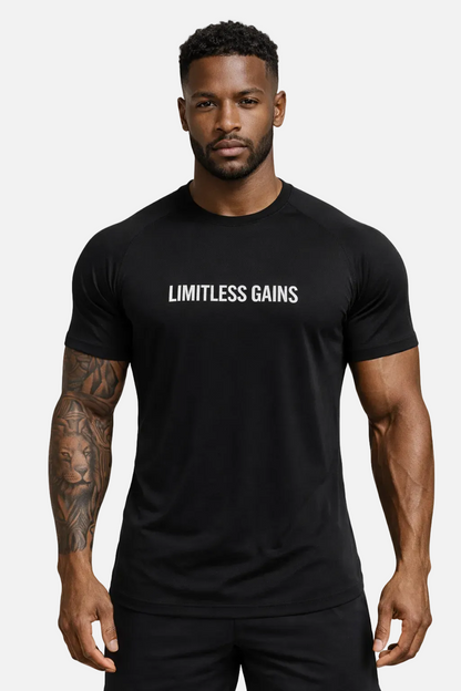 Man wearing a black t-shirt with 'LIMITLESS GAINS' text on a white background