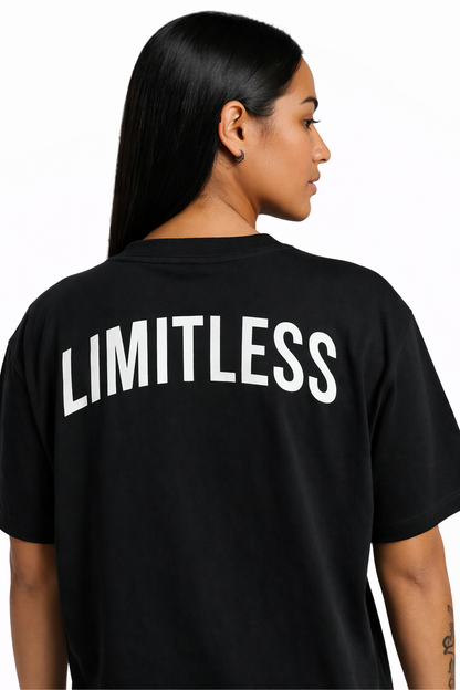 Person wearing a black t-shirt with 'LIMITLESS' printed on the back against a white background