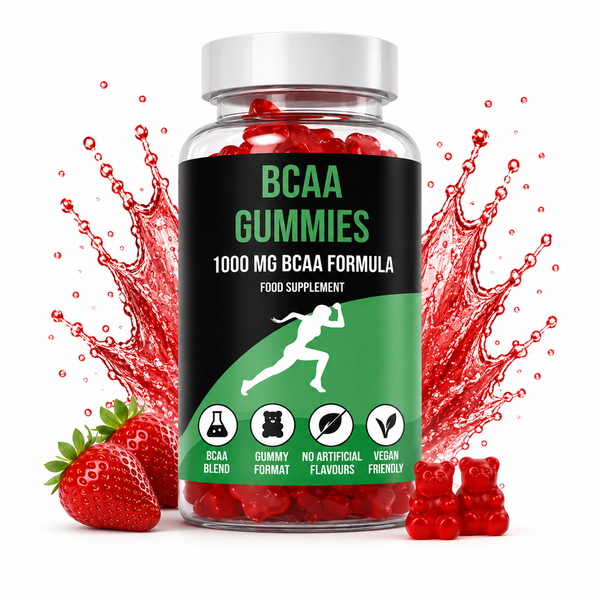 Bottle of LIMITLESS GAINS BCAA Gummies with a strawberry and gummy bears on a white background