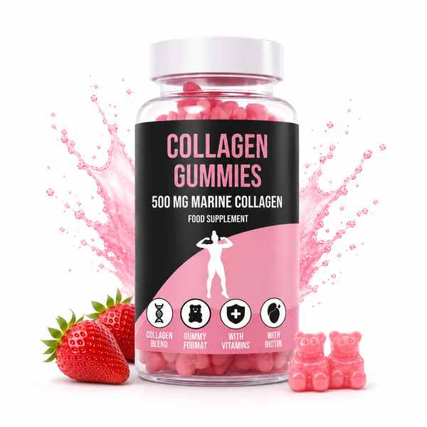 Jar of LIMITLESS GAINS collagen gummies with a pink label on a white background