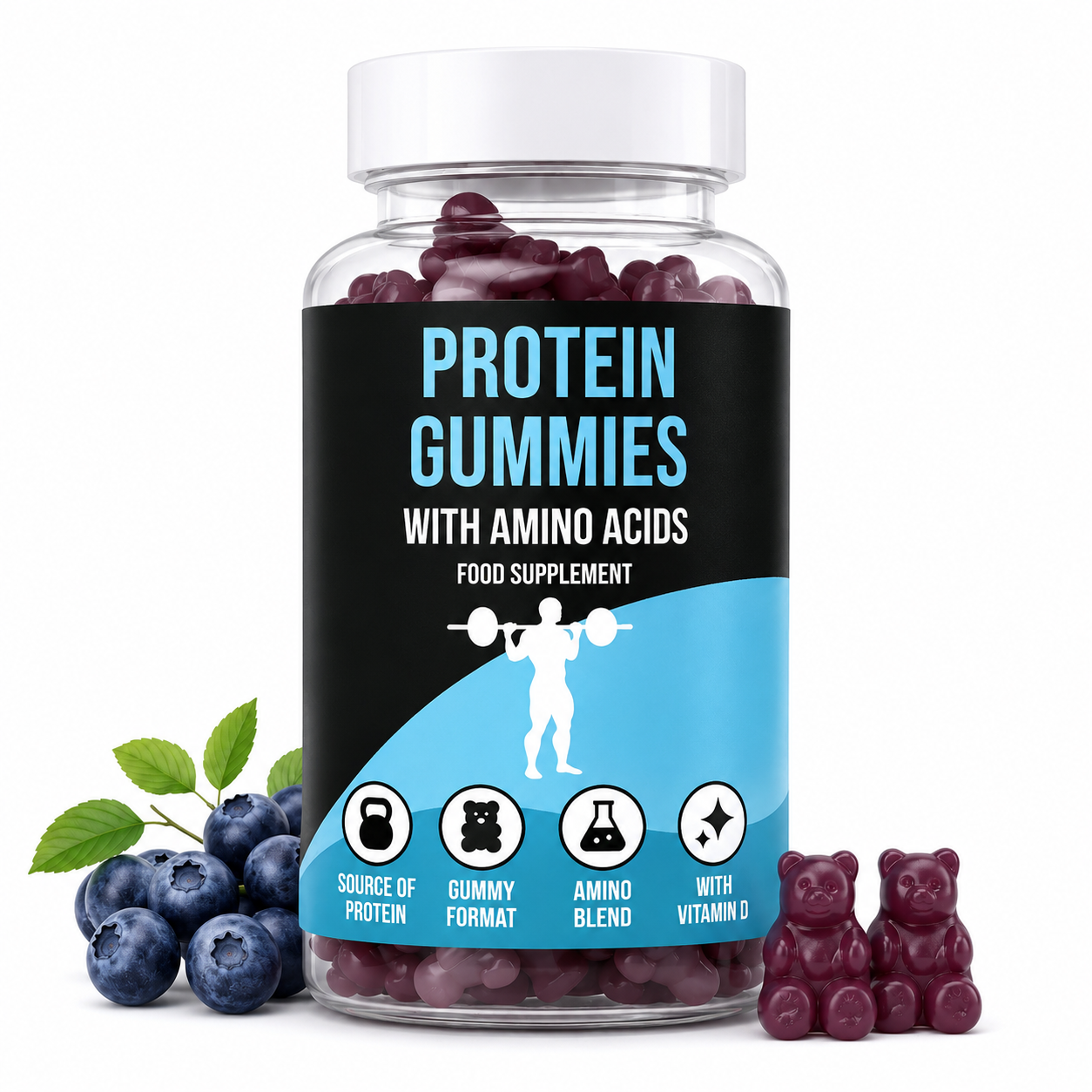 Jar of LIMITLESS GAINS protein gummies with blueberry flavor, labeled as a food supplement with amino acids.