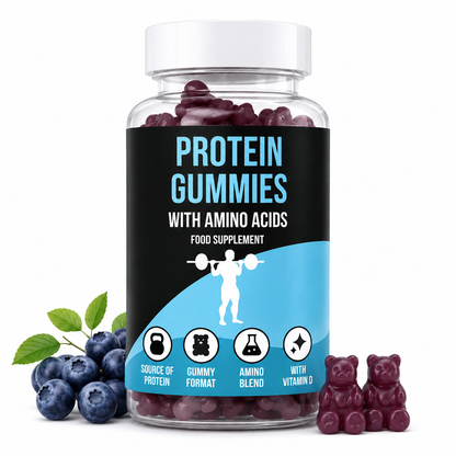 Jar of LIMITLESS GAINS protein gummies with blueberry flavor, labeled as a food supplement with amino acids.