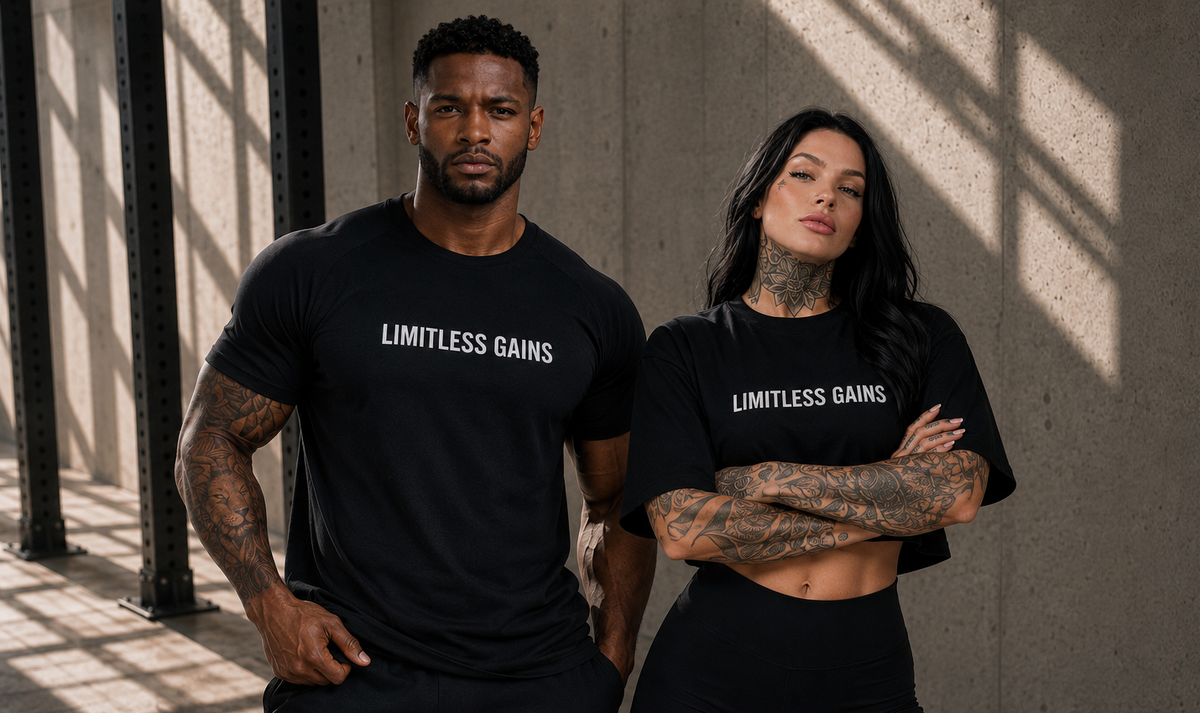 Two people wearing 'Limitless Gains' t-shirts standing against a concrete wall.
