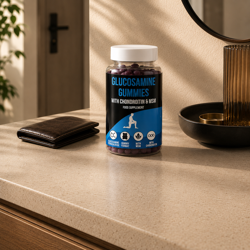 Bottle of LIMITLESS GAINS glucosamine gummies on a bathroom counter with a wallet and decorative items.