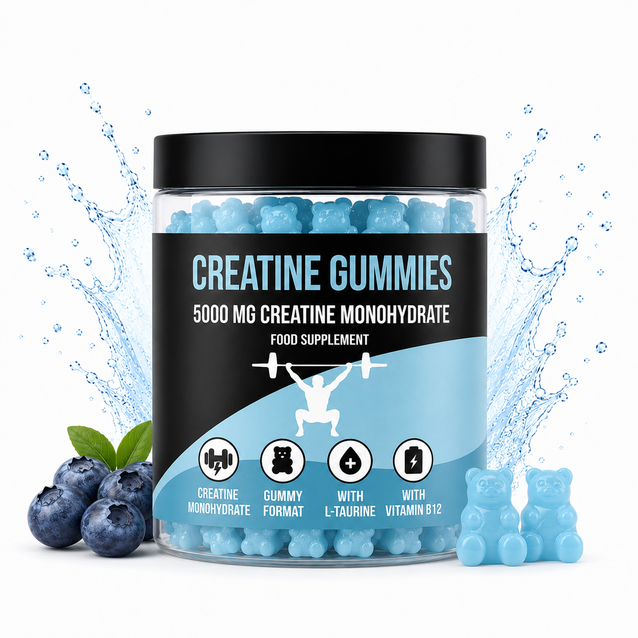 Jar of LIMITLESS GAINS creatine gummies with blueberries and gummy bears on a white background