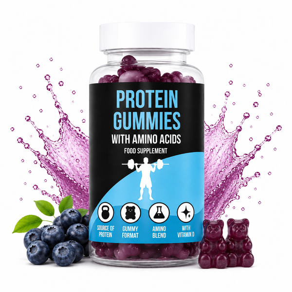 Bottle of LIMITLESS GAINS protein gummies with amino acids, surrounded by blueberries and gummy bears on a white background.