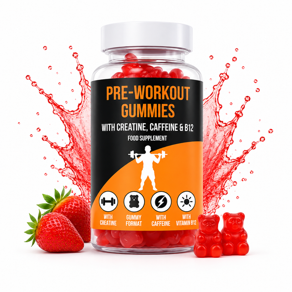 LIMITLESS GAINS Pre-workout gummies packaging with red gummies, strawberries, and a white background