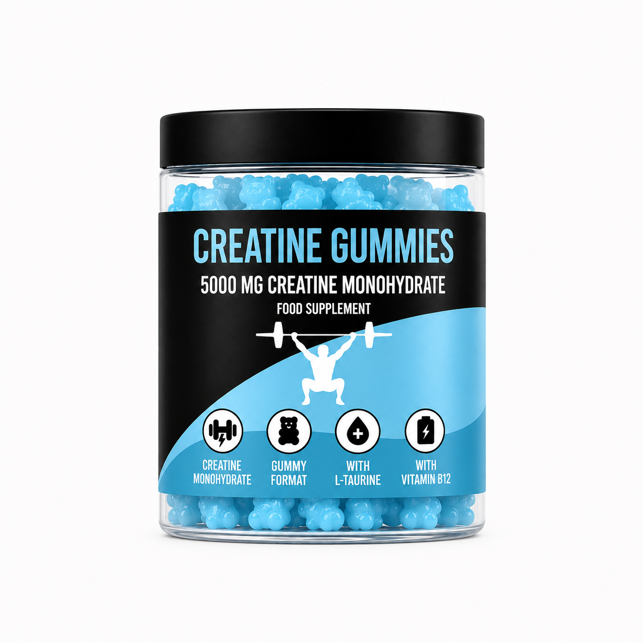 Jar of LIMITLESS GAINS creatine gummies with black and blue label on a white background