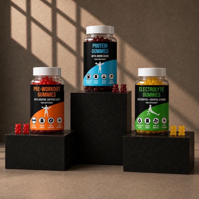 Three bottles of different types of LIMITLESS GAINS gummies on black stands with a brown background