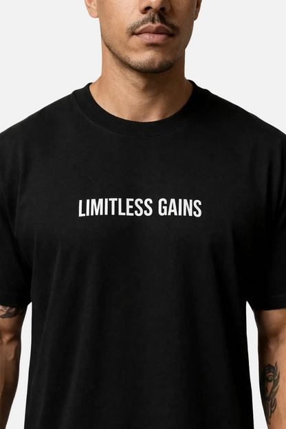 Person wearing a black t-shirt with 'LIMITLESS GAINS' text on a white background