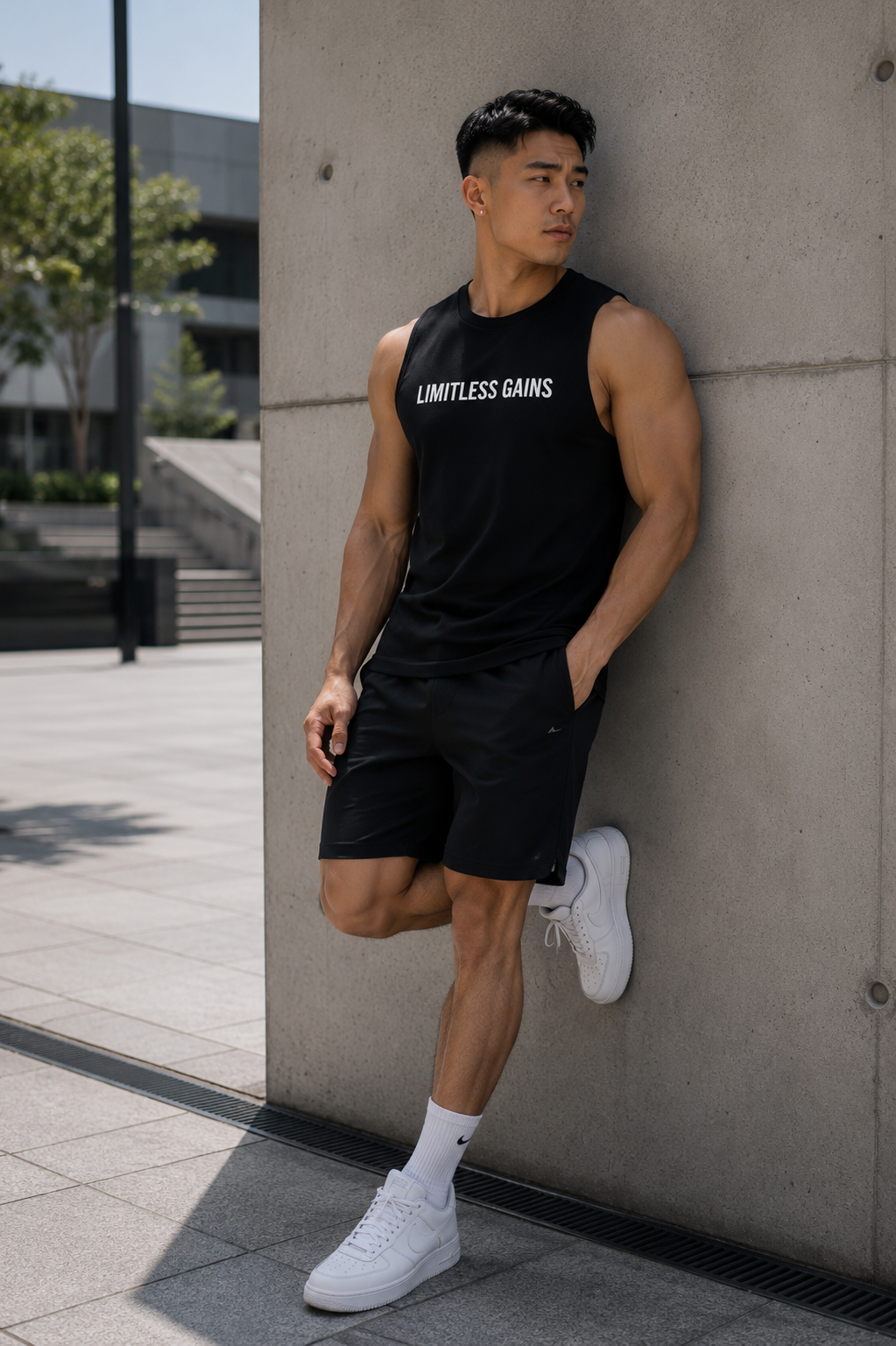 A man wearing a black sleeveless tank top with 'LIMITLESS GAINS' printed in white across the chest, black athletic shorts, and white sneakers, leaning against a concrete wall outdoors.