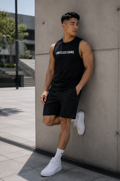 A man wearing a black sleeveless tank top with 'LIMITLESS GAINS' printed in white across the chest, black athletic shorts, and white sneakers, leaning against a concrete wall outdoors.