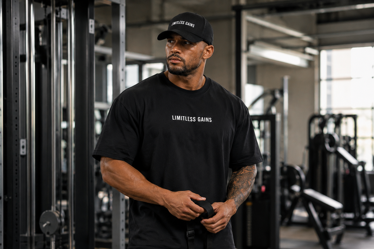 Man wearing a black 'Limitless Gains' t-shirt in a gym setting