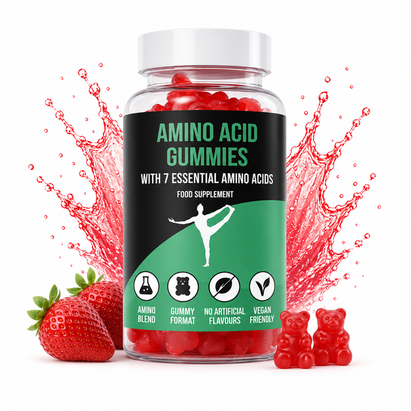 Bottle of LIMITLESS GAINS amino acid gummies with a strawberry and more gummies on a white background