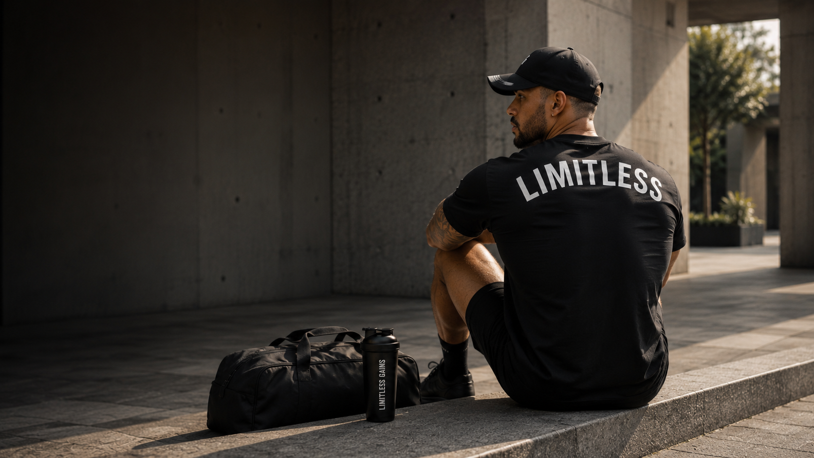 Man sitting on a concrete ledge wearing a black 'LIMITLESS' t-shirt with a black duffel bag and LIMITLESS GAINS shaker bottle beside him.