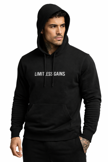 Man wearing a black hoodie with 'Limitless Gains' text on a white background