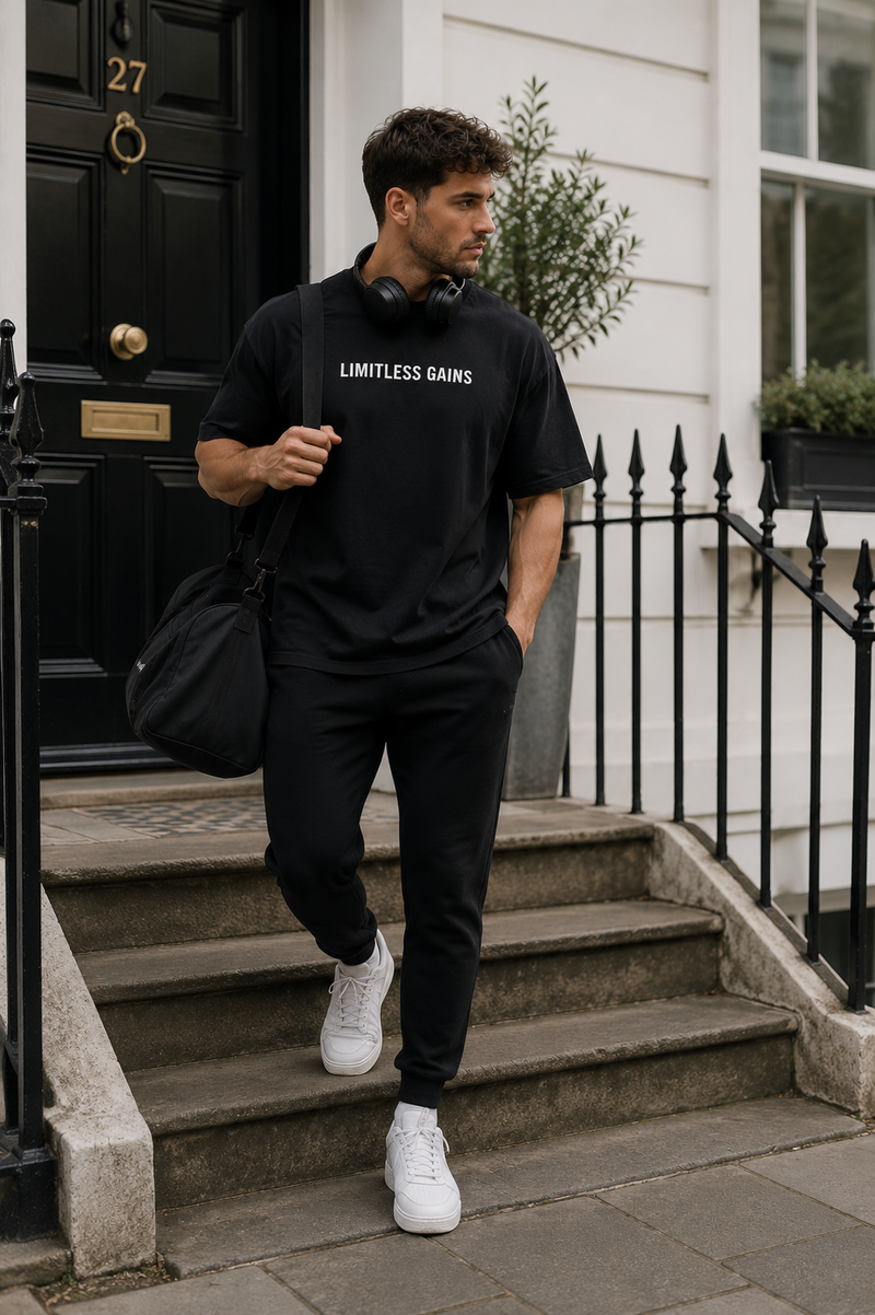 Man in black outfit with 'Limitless Gains' t-shirt walking up steps outside a building.