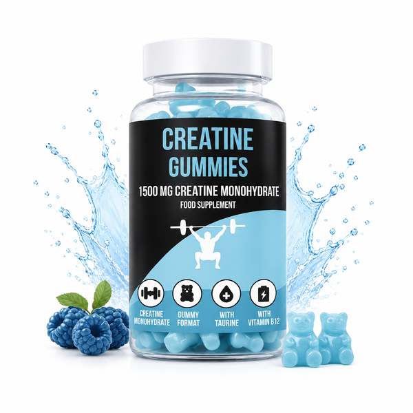 Bottle of LIMITLESS GAINS creatine gummies with blueberries and gummy bears on a white background